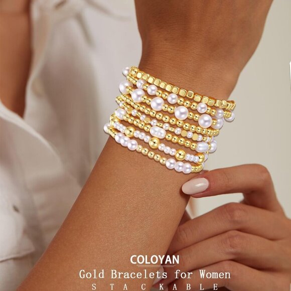 Gold Bead Bracelets Set 10PCS Elastic Stackable Pearl Jewelry for Women - Picture 2 of 7